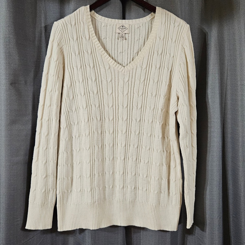 St Johns Bay Womens 1X Cream Ivory Cable Knit V-Neck Long Sleeve Cotton Sweater
